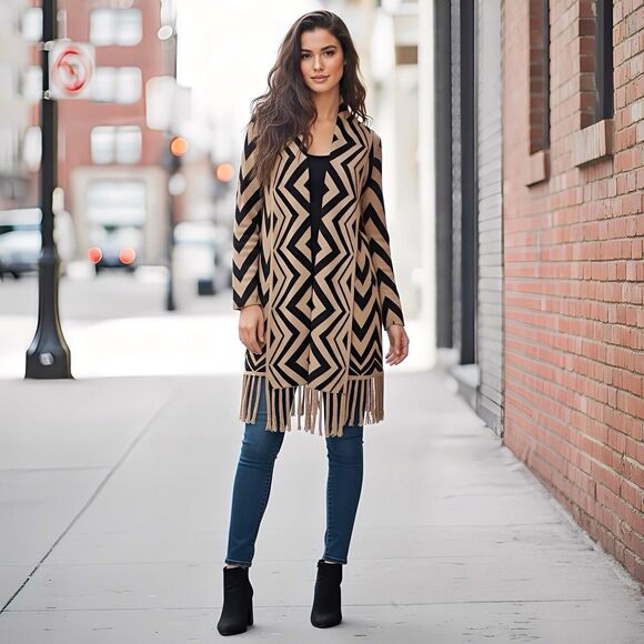 Forever 21 Womens Open Cardigan Sweater XS Long Duster Fringe Chevron Y2k Retro - Picture 2 of 12